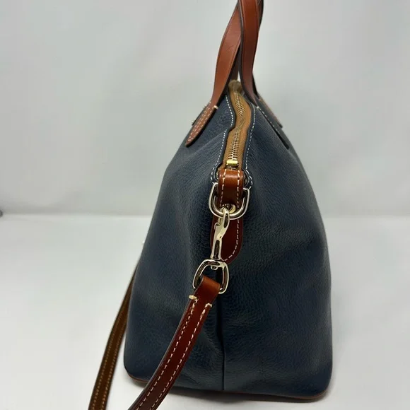 Dooney & Bourke Pebble Grain Zip Zip Satchel Navy & Tan Leather Purse - Picture 4 of 13